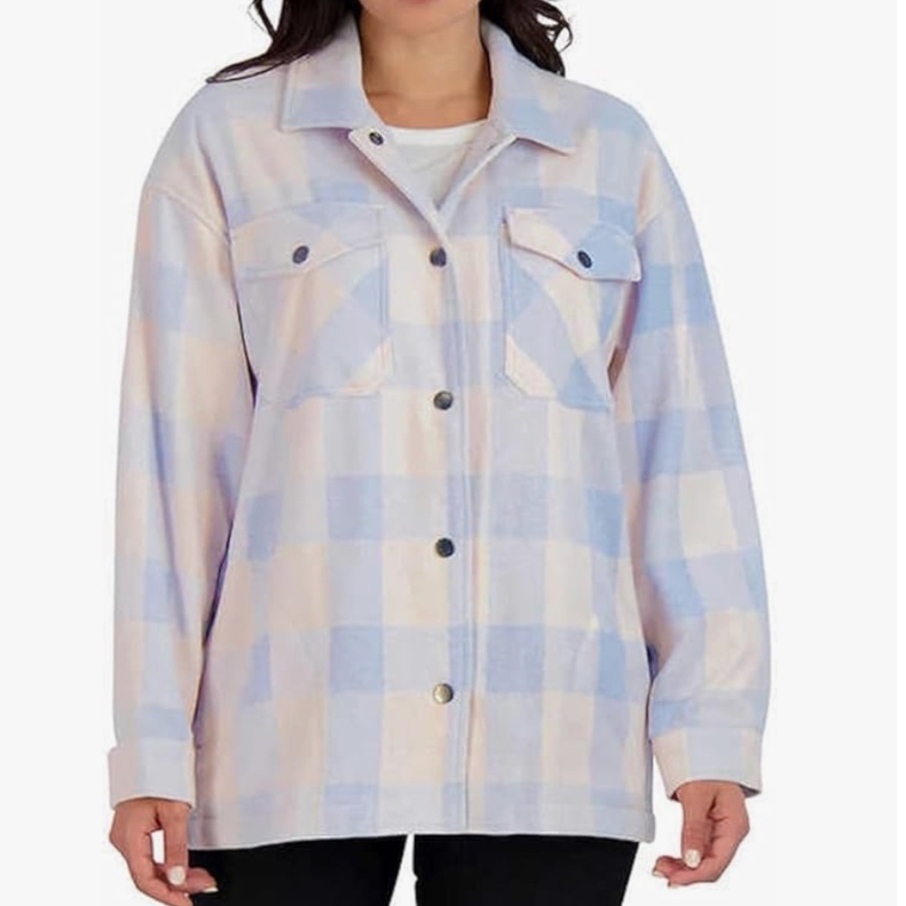 HFX Blue & Cream Buffalo Plaid Shacket Jacket Women's Medium Cozy Button Front - Picture 2 of 7